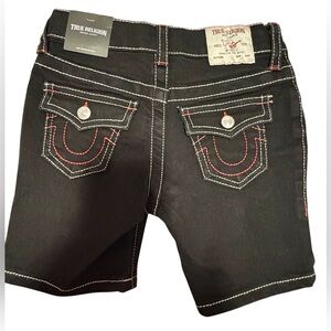 True Religion Black Denim Shorts with Red & White Topstitching